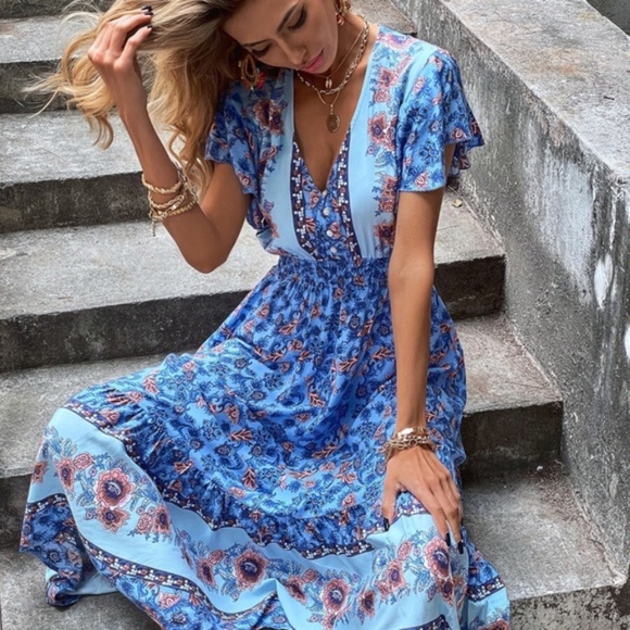boho blue floral print v neck button ruffle dress - Picture 4 of 8